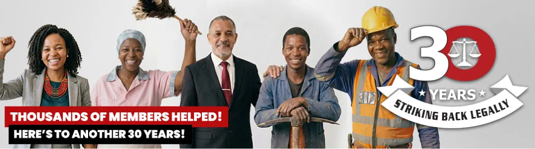 A Scorpion Legal Protection banner showing a diverse group of workers standing side by side, including a smiling woman in business attire, a domestic worker holding a feather duster, a man in a suit, a worker holding a tool, and a construction worker in a hard hat tipping it. They appear confident and celebratory. Text on the image reads 'Thousands of Members Helped! Here’s to Another 30 Years!' alongside a '30 Years' emblem with scales of justice and the phrase 'Striking Back Legally'