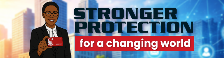 Illustration of a professional woman holding up a red card Scorpion Legal Protection membership card, set against a modern city skyline with digital network graphics. Bold headline reads 'Stronger Protection' with a subheading 'for a changing world.'