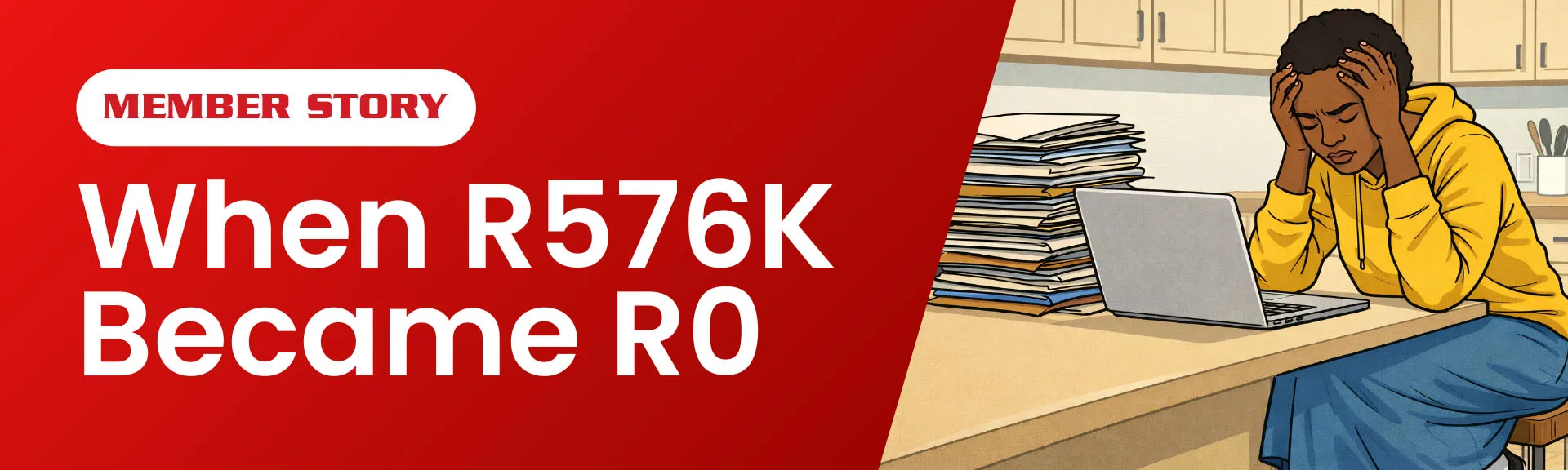 Split design with text 'When R576K Became R0' on red background beside illustration of a stressed person at a desk with laptop and papers, featuring a Scorpion Legal Protection member testimonial.