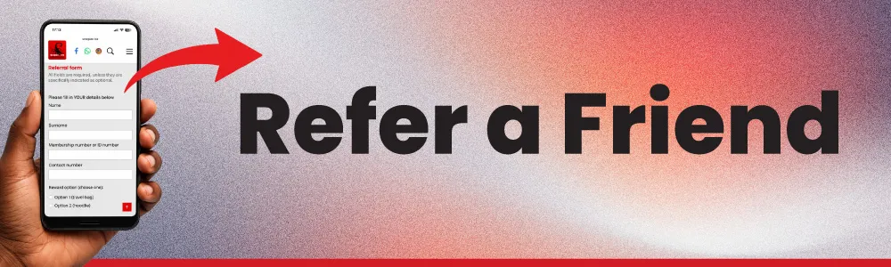 Hand holding smartphone showing referral app screen with red arrow pointing to bold text 'Refer a Friend' on gradient background promoting Scorpion Legal Protection’s refer a friend campaign.