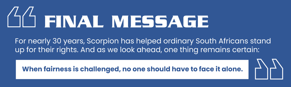 Final Message banner featuring the text 'When fairness is challenged, no one should have to face it alone.'