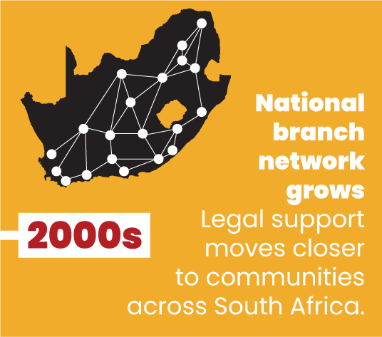 2000s - National branch network grows. Legal support moves closer to communities across South Africa.