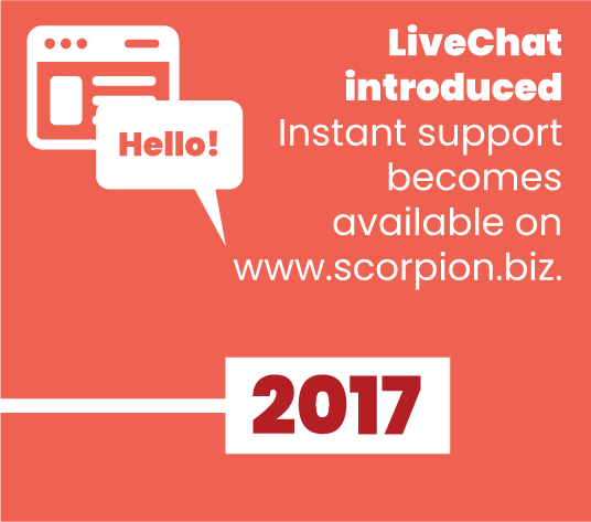 2017 - LiveChat introduced. Instant support becomes available on www.scorpion.biz.