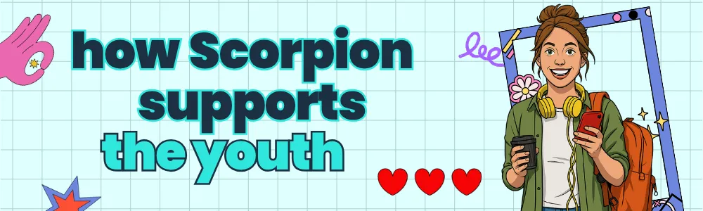 Turquoise banner with bold text reading ‘how scorpion supports the youth,’ featuring playful graphics and a teenage girl