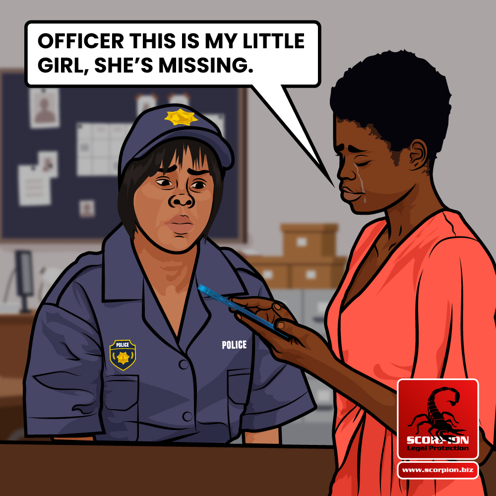 Crying woman showing police officer a picture of her missing child on her phone at the police station