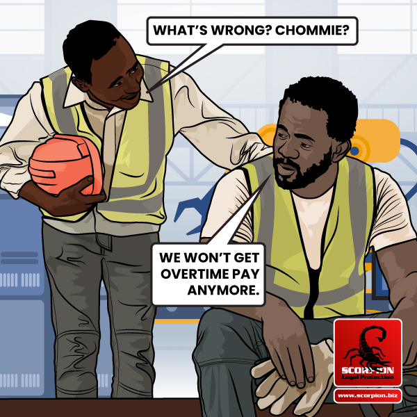 Illustration of South African employee getting told he does not get overtime pay by his boss