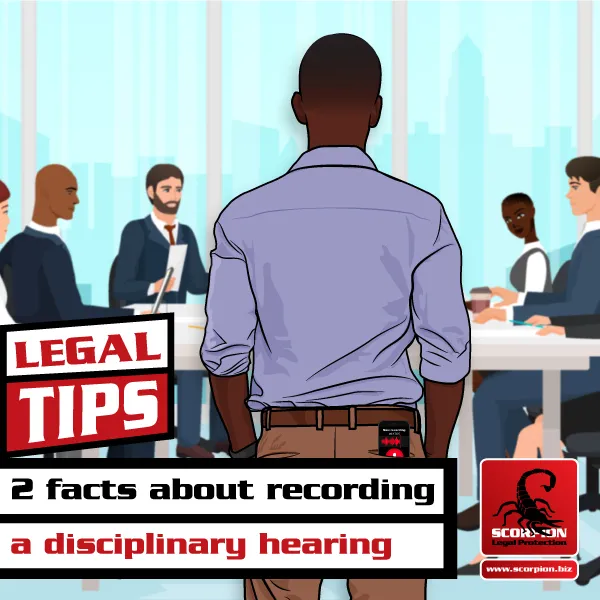 Illustration of a man secretly recording a disciplinary hearing