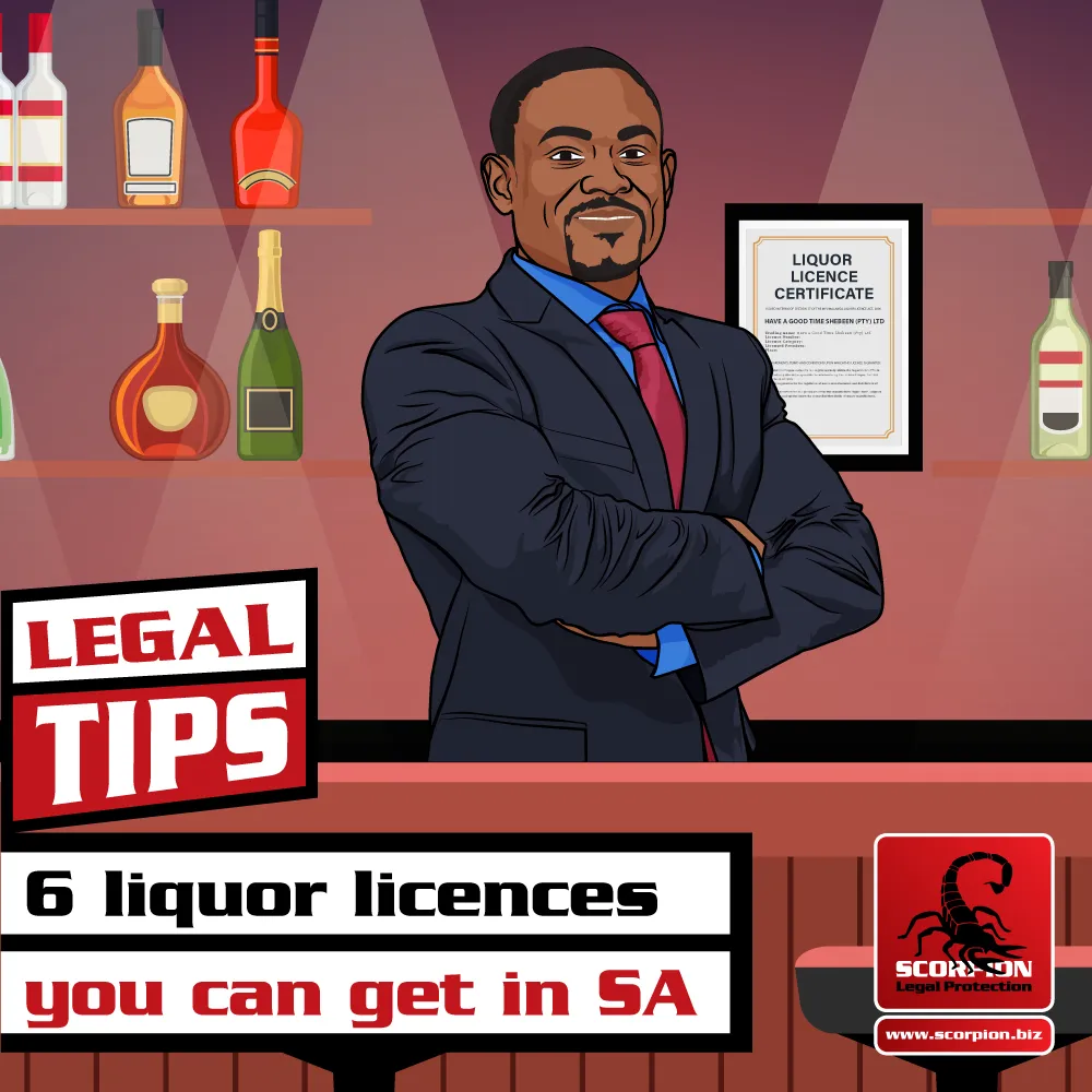 Illustration of South African man with his liquor licence standing behind the bar