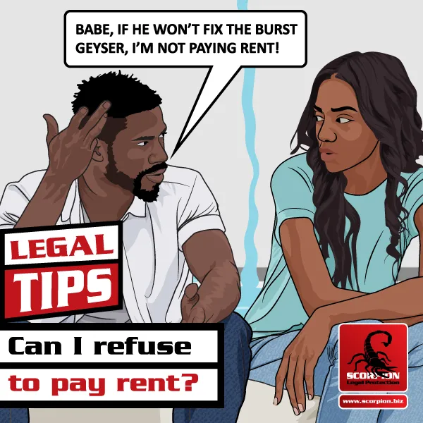 Illustration of an unhappy couple saying they are not going to pay rent if the landlord does not fix the burst geyser