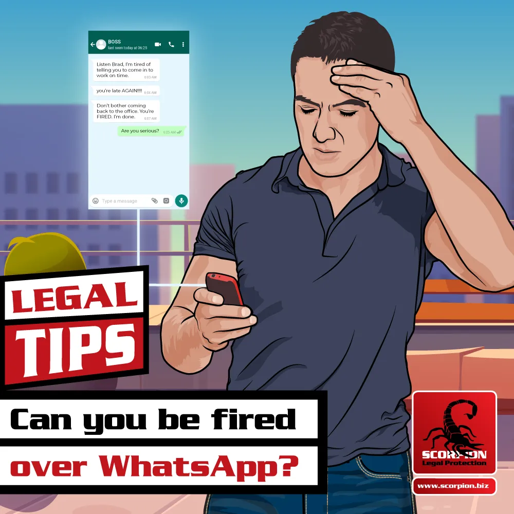 Illustration of man being fired over WhatsApp, looking at his phone