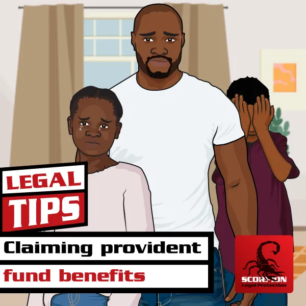 Illustration of a sad man with dependent children wondering how to claim provident fund money from his deceased sister’s estate
