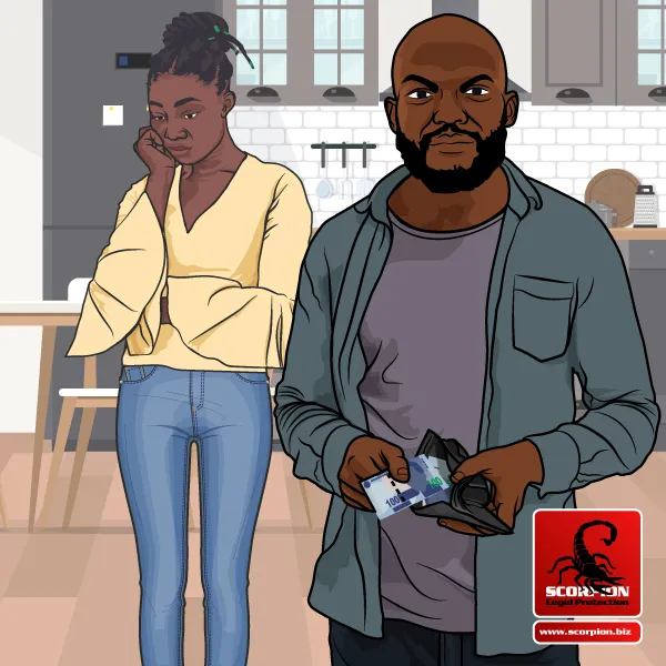 Illustration of an African man putting money in his wallet with a dejected-looking African woman in the background