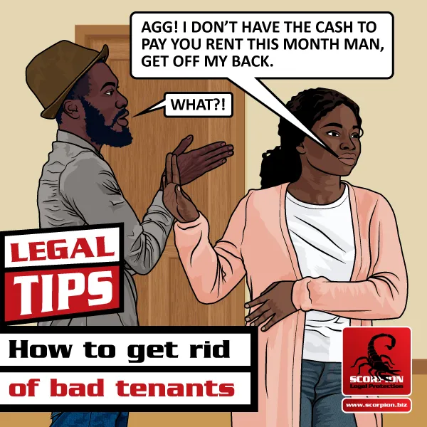 Illustration of a non-paying tenant arguing with landlord over rent money