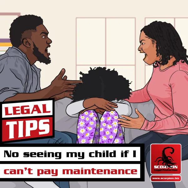 Illustration of parents arguing over visitation rights and child maintenance not being paid in South Africa