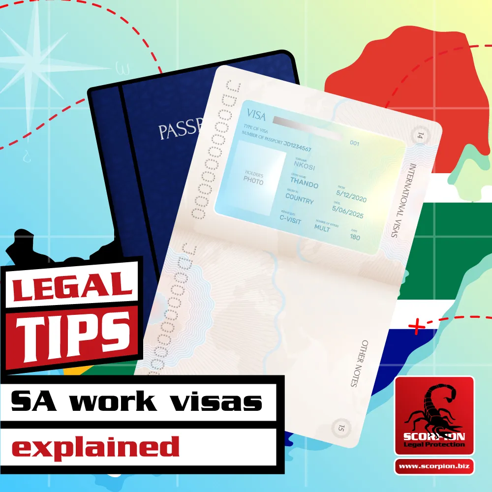 Illustration of South African work visa on a passport