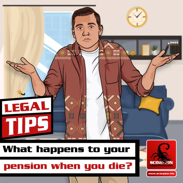 Illustration of a man with arms in the air wondering what happens to his pension when he dies