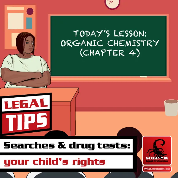 Illustration of a school principal telling students about drug testing, search and seizure